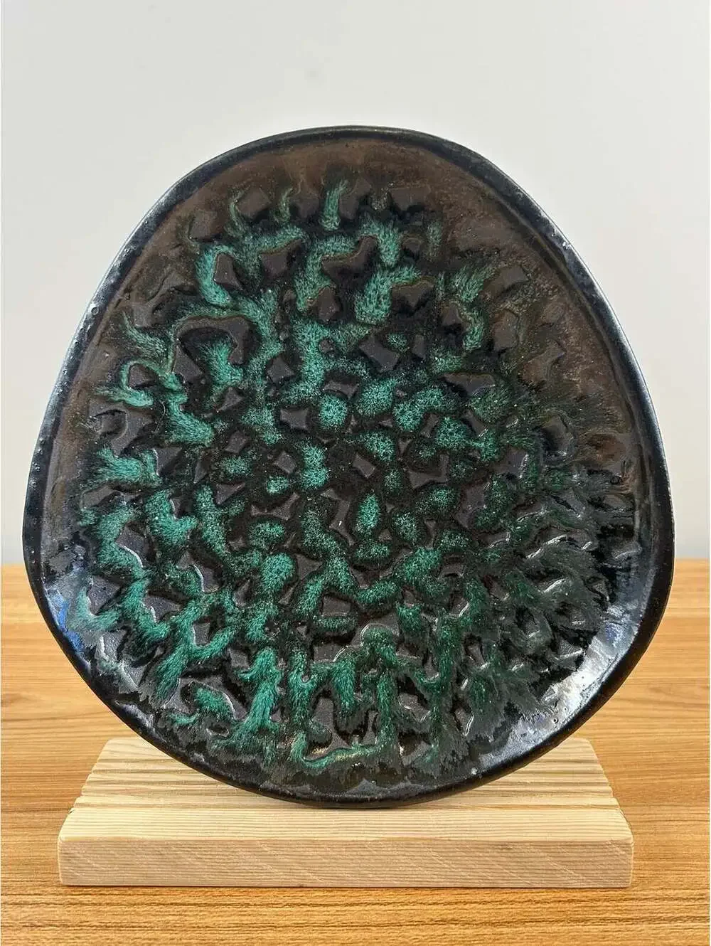 European Art Pottery Mid Century Modern Black Green Oblong Bowl Signed